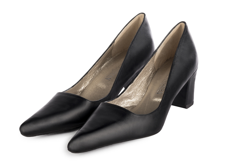 Satin black women's dress pumps,with a square neckline. Pointed toe. Medium block heels. Front view - Florence KOOIJMAN